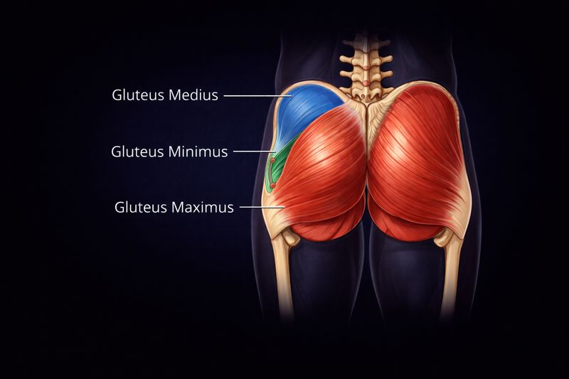 Posterior view of glute anatomy showing gluteus maximus (red), gluteus medius (blue), and gluteus minimus (green) with labels