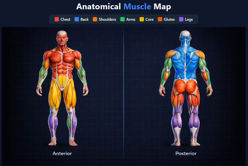 Anatomical muscle map showing anterior and posterior views with color-coded muscle groups: chest, back, shoulders, arms, core, glutes, and legs