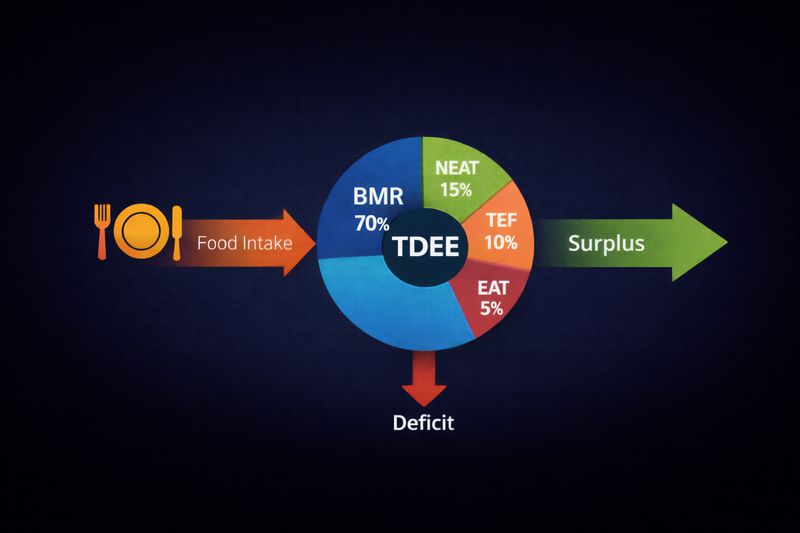 Energy balance flowchart showing food intake flowing into TDEE components (BMR 70%, NEAT 15%, TEF 10%, EAT 5%) with surplus and deficit arrows