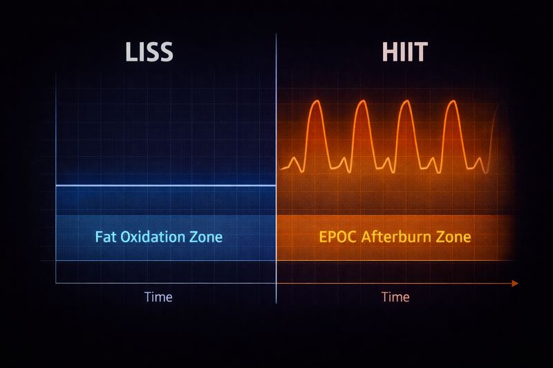LISS vs HIIT comparison showing steady-state fat oxidation zone versus high-intensity intervals with EPOC afterburn effect