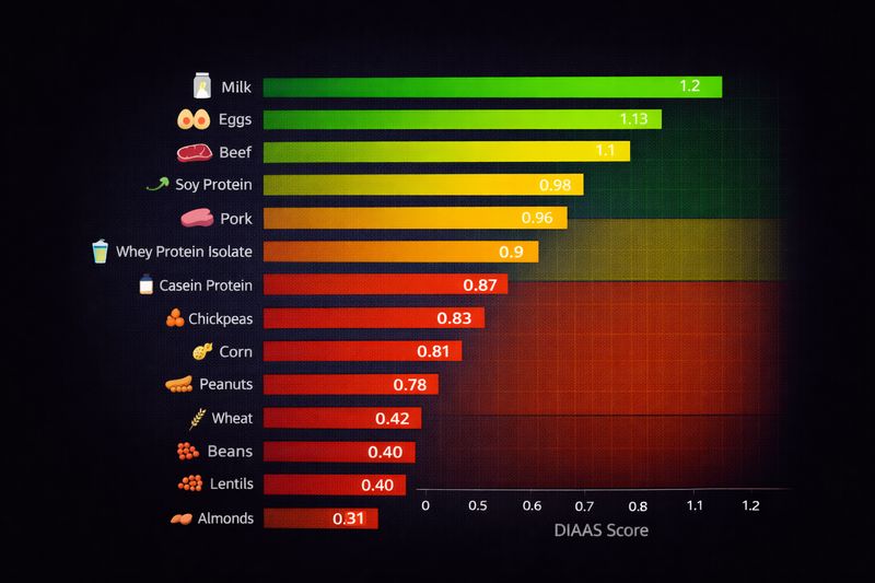 DIAAS protein quality scores ranking 15 food sources from milk (1.2) to almonds (0.31), color-coded by quality tier