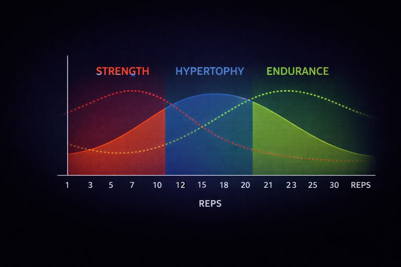 Rep range continuum showing strength (1–5 reps), hypertrophy (6–12 reps), and endurance (15–30 reps) zones with overlapping tension and metabolic stress curves