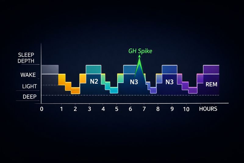 Sleep cycle diagram showing N2, N3, and REM stages over 8 hours with growth hormone spike during deep sleep