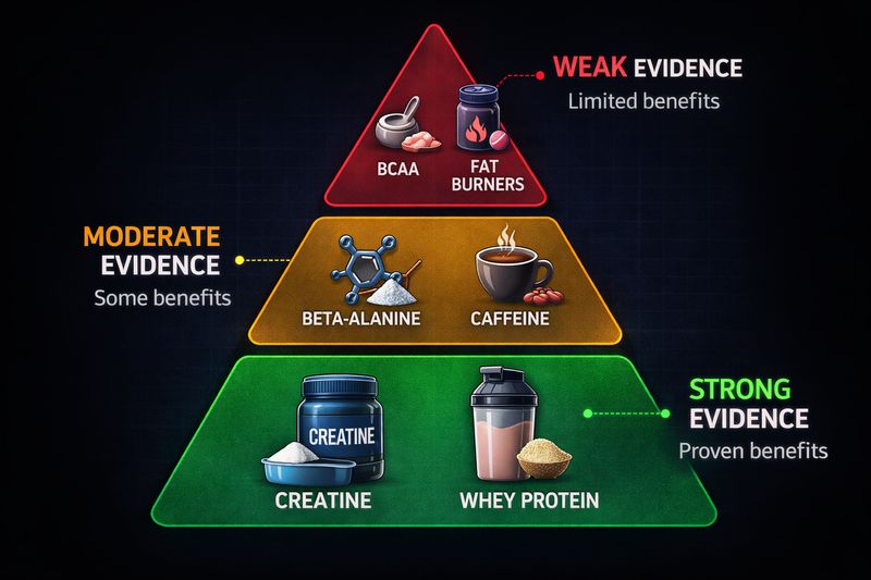 Supplement evidence pyramid showing three tiers: strong evidence (creatine, whey protein), moderate evidence (beta-alanine, caffeine), and weak evidence (BCAAs, fat burners)