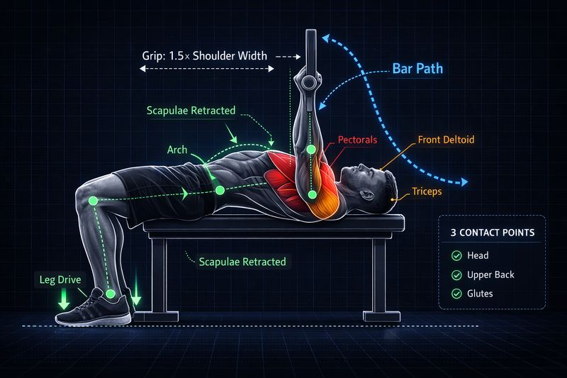 Bench press setup and bar path diagram showing side view with proper arch, scapula retraction, J-curve bar path, leg drive, and muscle engagement zones for chest, front deltoids, and triceps