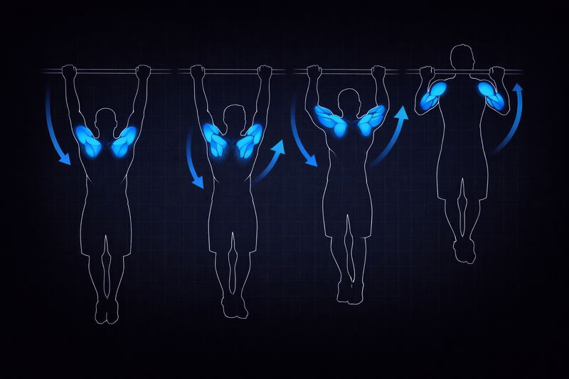 Pull-up technique sequence showing 4 phases: dead hang, shoulder engagement, pulling motion, and chin over bar with muscle activation highlights