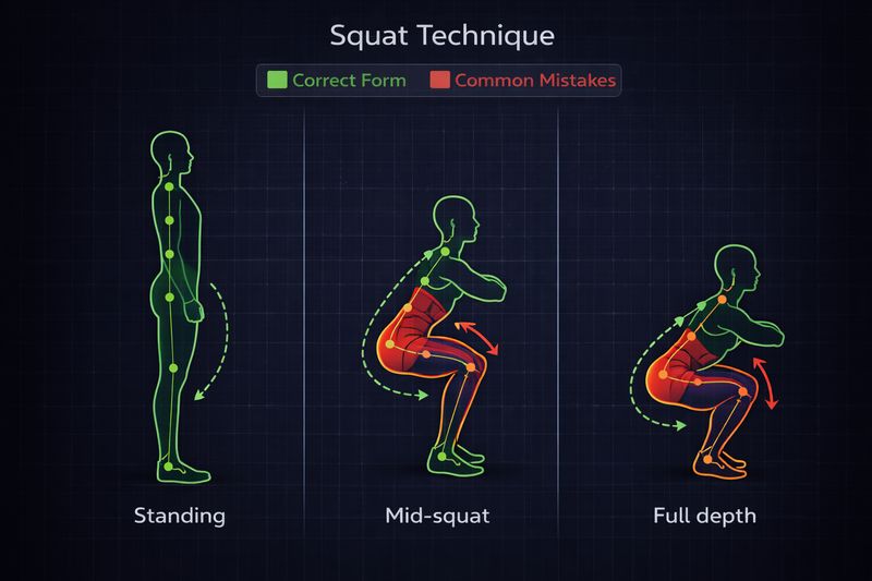Squat technique diagram showing three phases — standing, mid-squat, and full depth — with correct form in green and common mistakes highlighted in red
