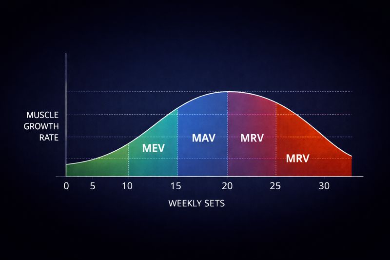Dose-response curve showing MEV (5–10 sets), MAV (10–20 sets), and MRV (20–30 sets) volume landmarks for muscle growth