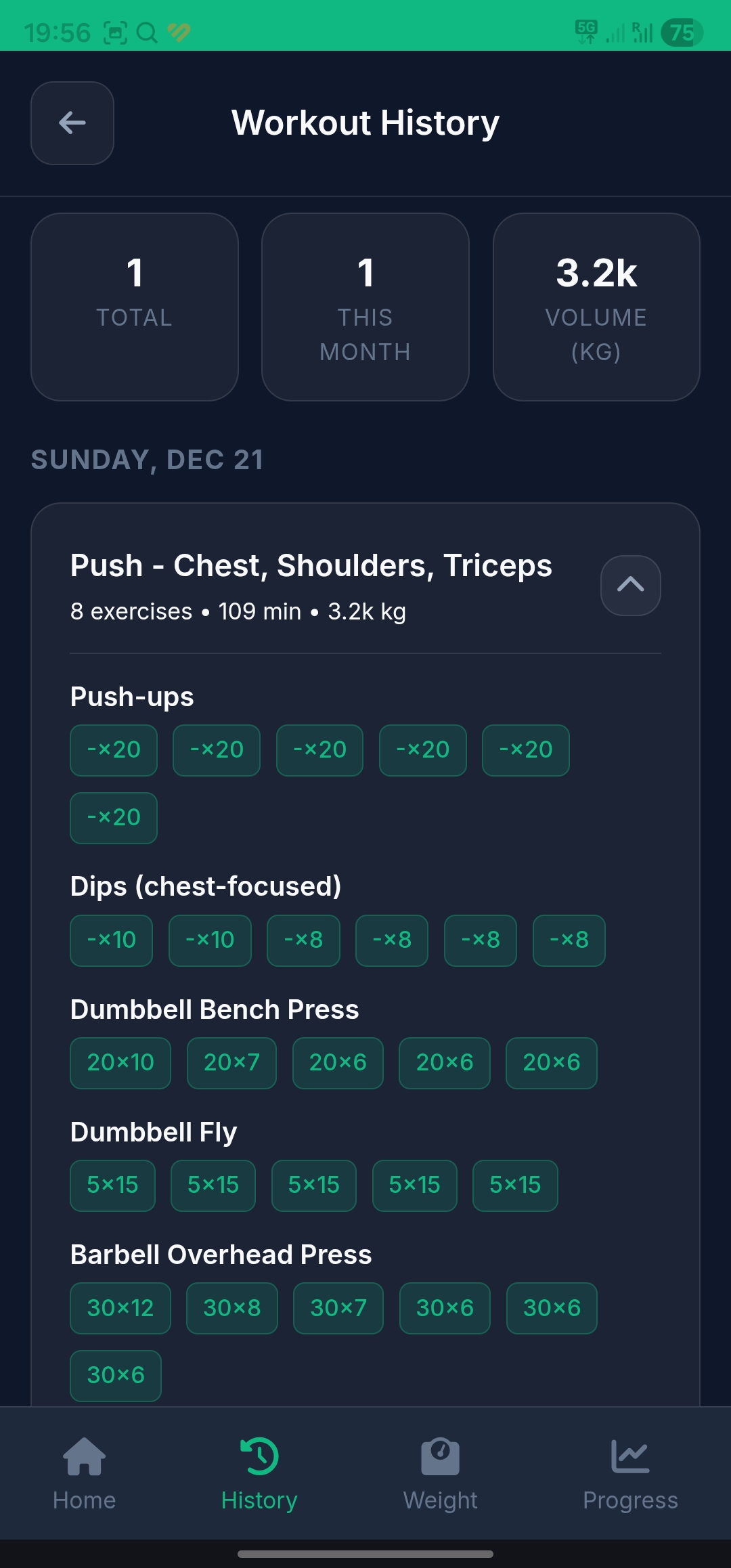 Workout History - Complete log of all your training sessions