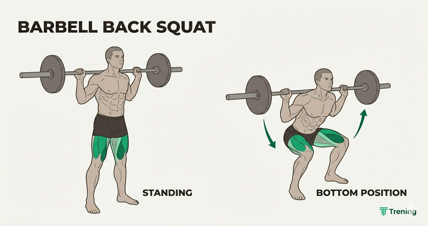 Barbell back squat form — standing position with bar on upper back and bottom position at full depth