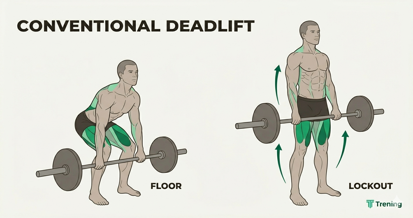 Conventional deadlift form — floor position with neutral spine and lockout position standing tall
