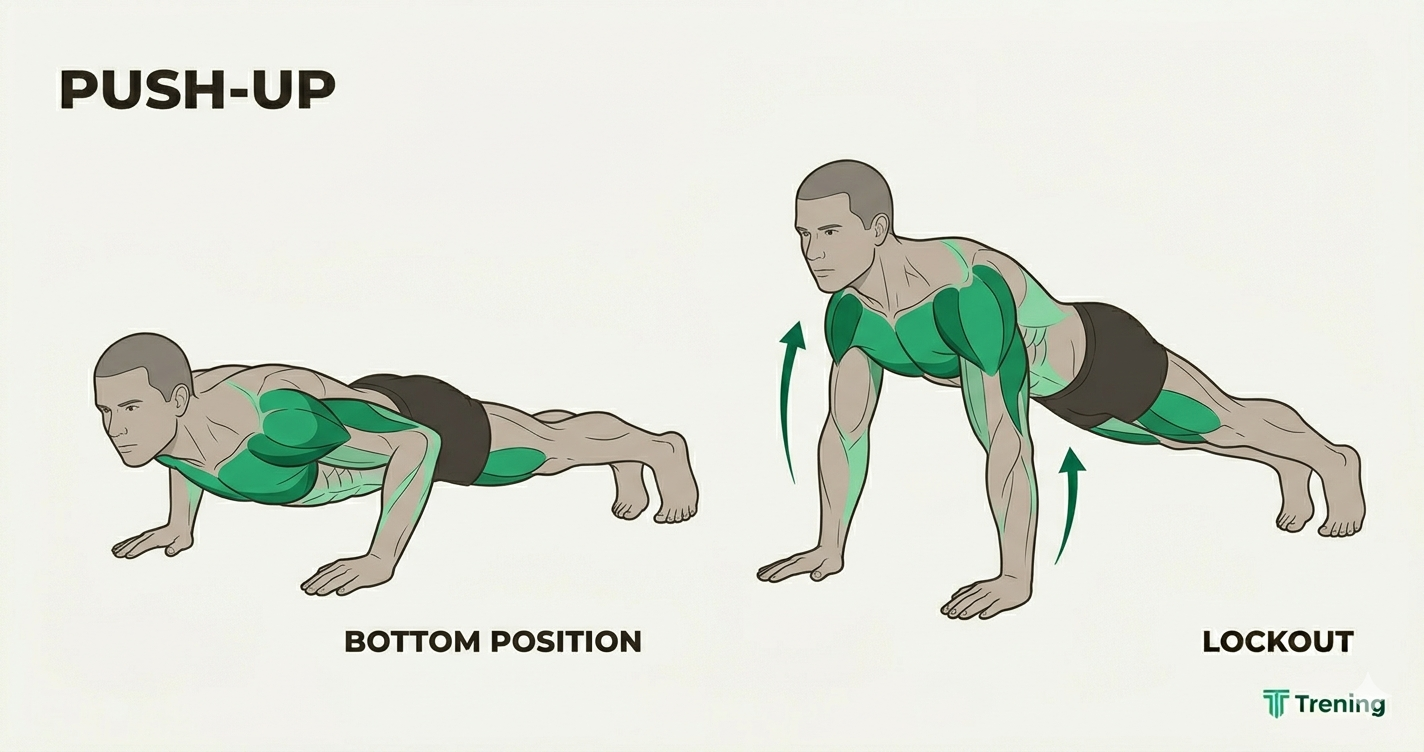 Push-up form — starting position and bottom position with proper alignment