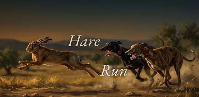 Painted art of a hare running ahead of two greyhounds, with the title Hare Run