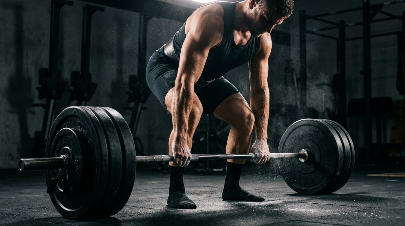 Athletic figure deadlifting heavy barbell with dramatic overhead lighting — chalk dust in air, intense training atmosphere