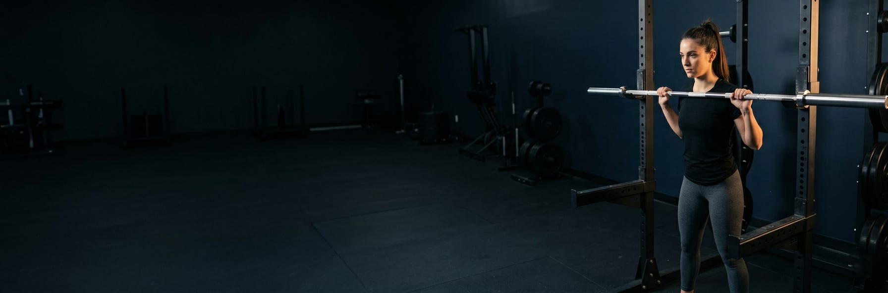 Young person gripping a barbell for the first time in a dark gym — focused and ready to begin