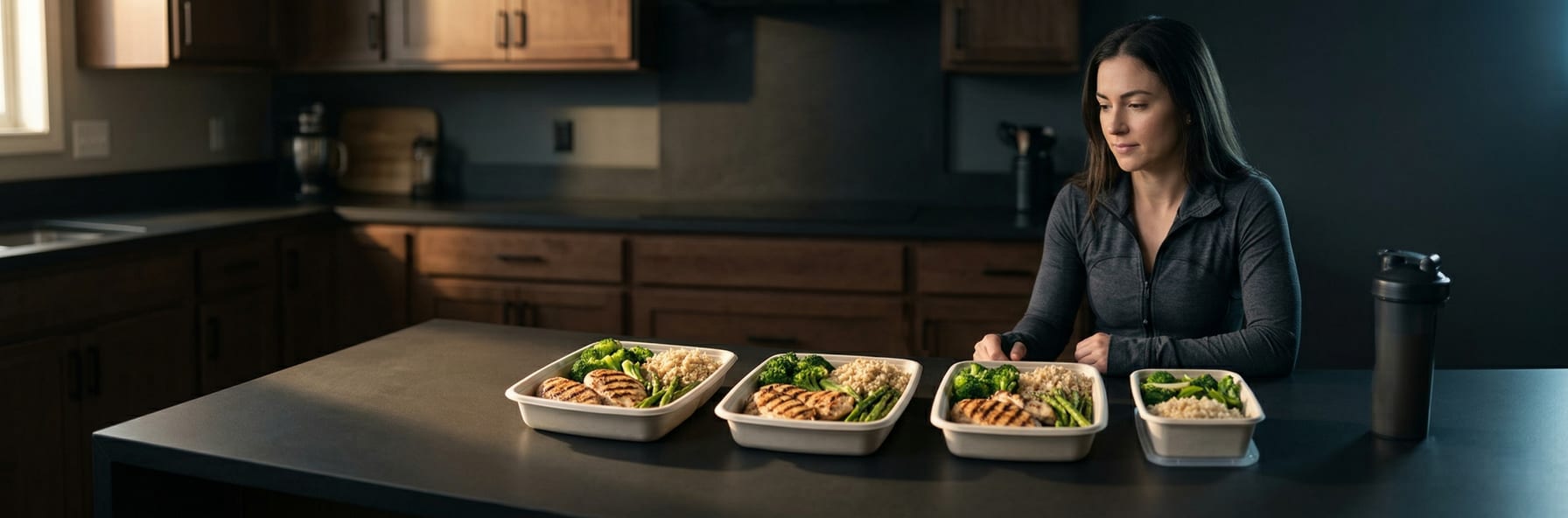 Healthy food flat-lay with chicken breast, eggs, vegetables, rice, avocado, and measuring tape on marble surface