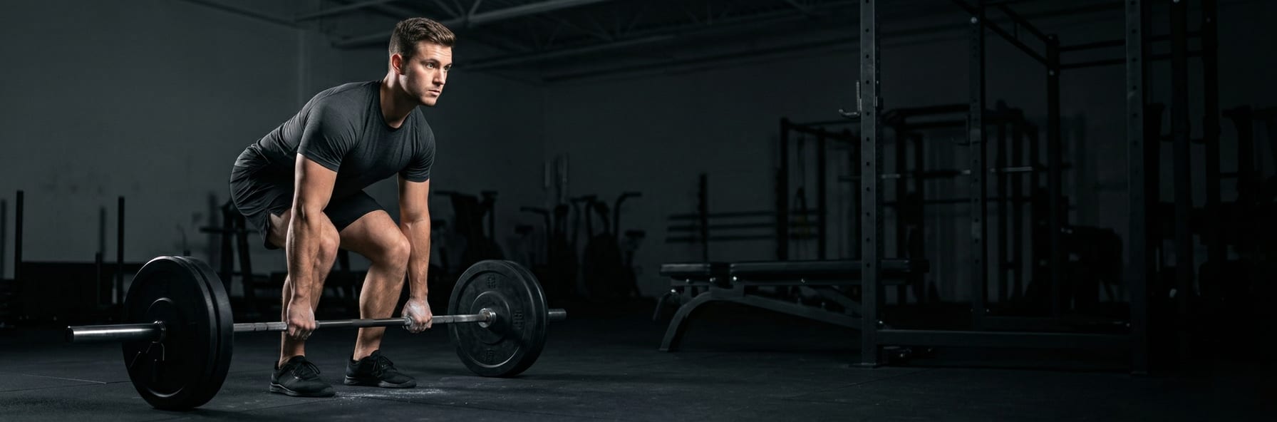Overhead press barbell above head — low angle camera looking up, dramatic rim lighting in dark gym