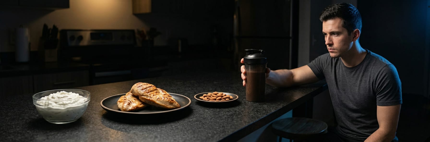Precise food scale weighing chicken breast — dramatic overhead spotlight on dark surface