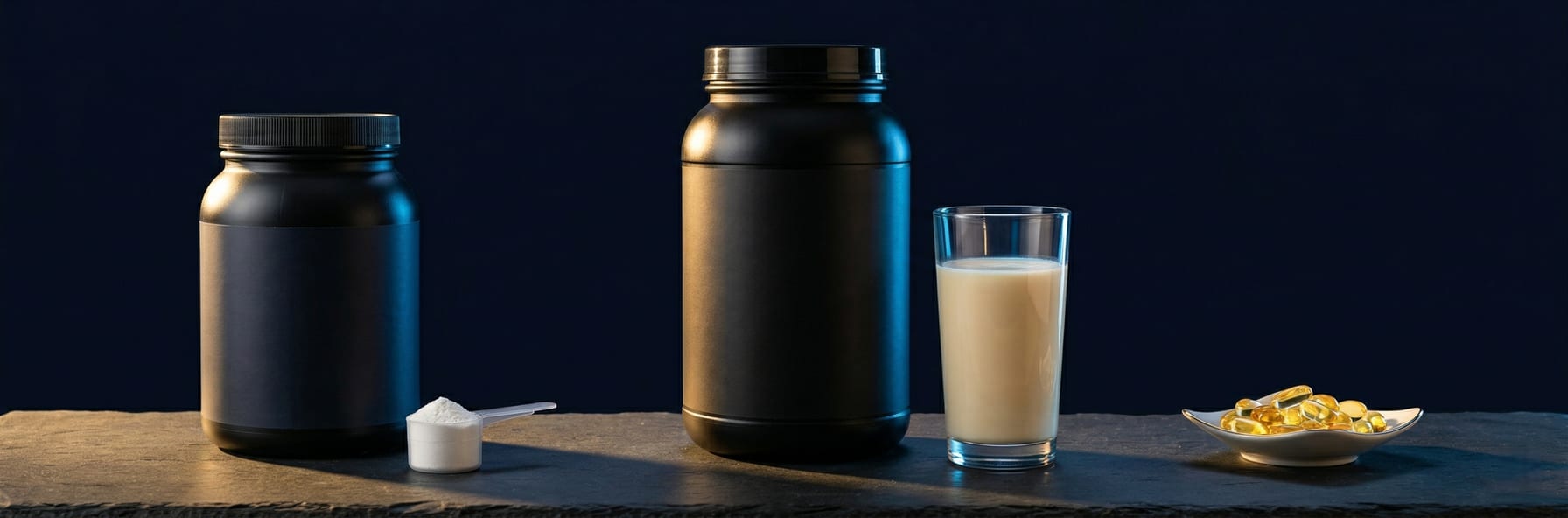 Supplement lineup — creatine powder, protein shaker, omega-3, vitamins, and BCAA bottles on clean surface