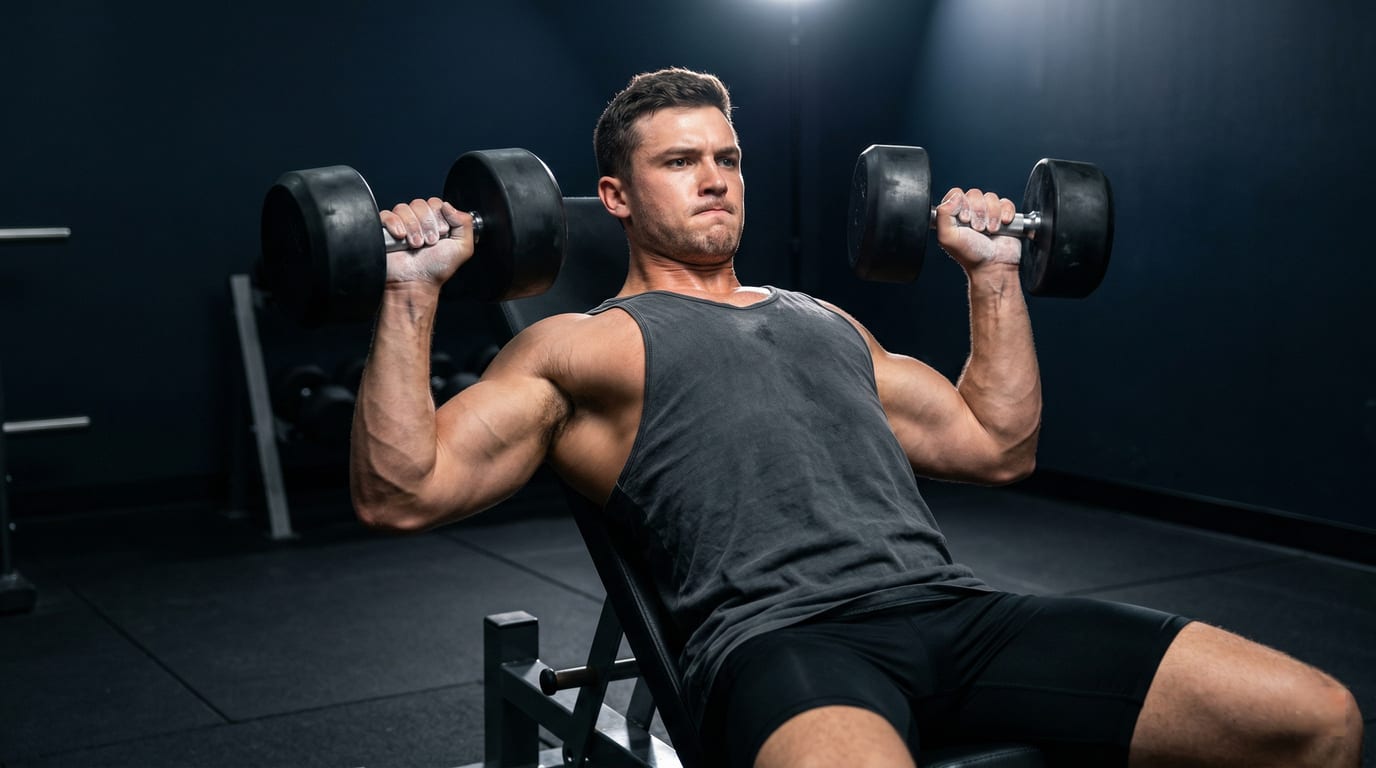 Athlete performing heavy bench press in a dark gym with chalk dust and dramatic lighting — 6-Day Light/Heavy program