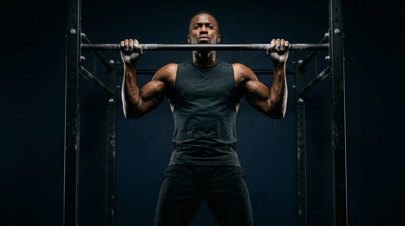 Athletic person performing dips on outdoor parallel bars at sunset — 8-Week Bodyweight program