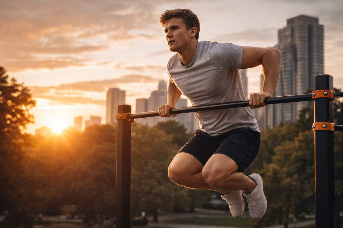 Athletic person performing dips on outdoor parallel bars at sunset — 8-Week Bodyweight program