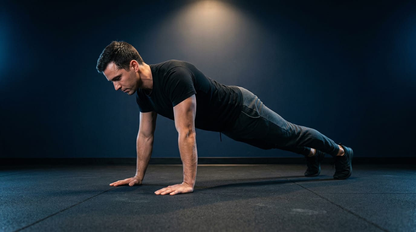 Person doing push-ups on a yoga mat in a bright living room — Bodyweight Basics program