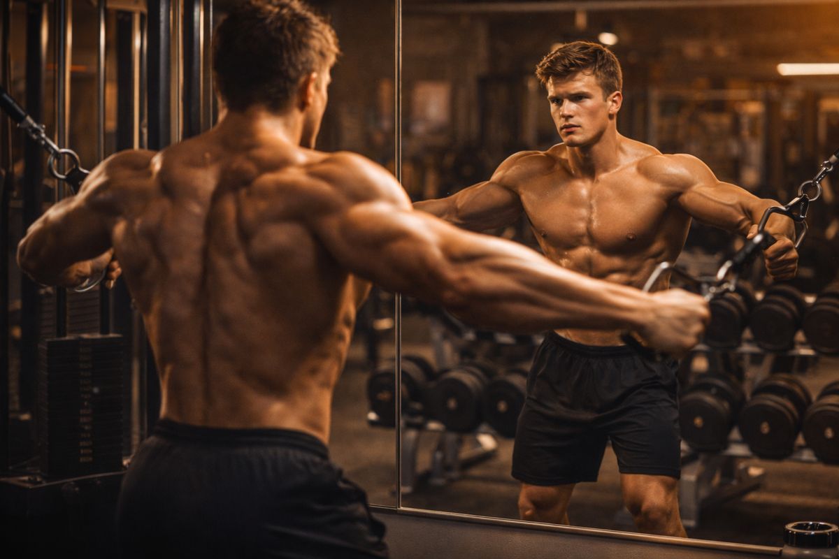 Bodybuilder performing cable crossover fly with mirror reflection — Classic Bro Split program