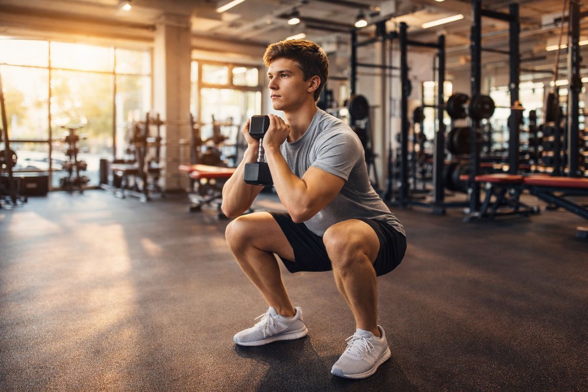 Young man performing a goblet squat with dumbbell in a well-lit gym — the foundational exercise in the Complete Beginner program