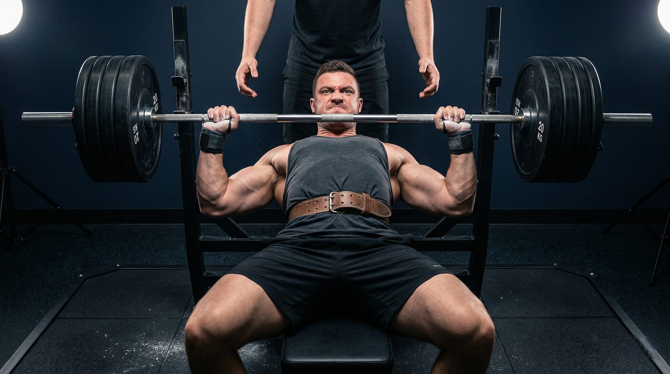 Powerlifter performing heavy back squat with knee sleeves and belt — Elite 2 program