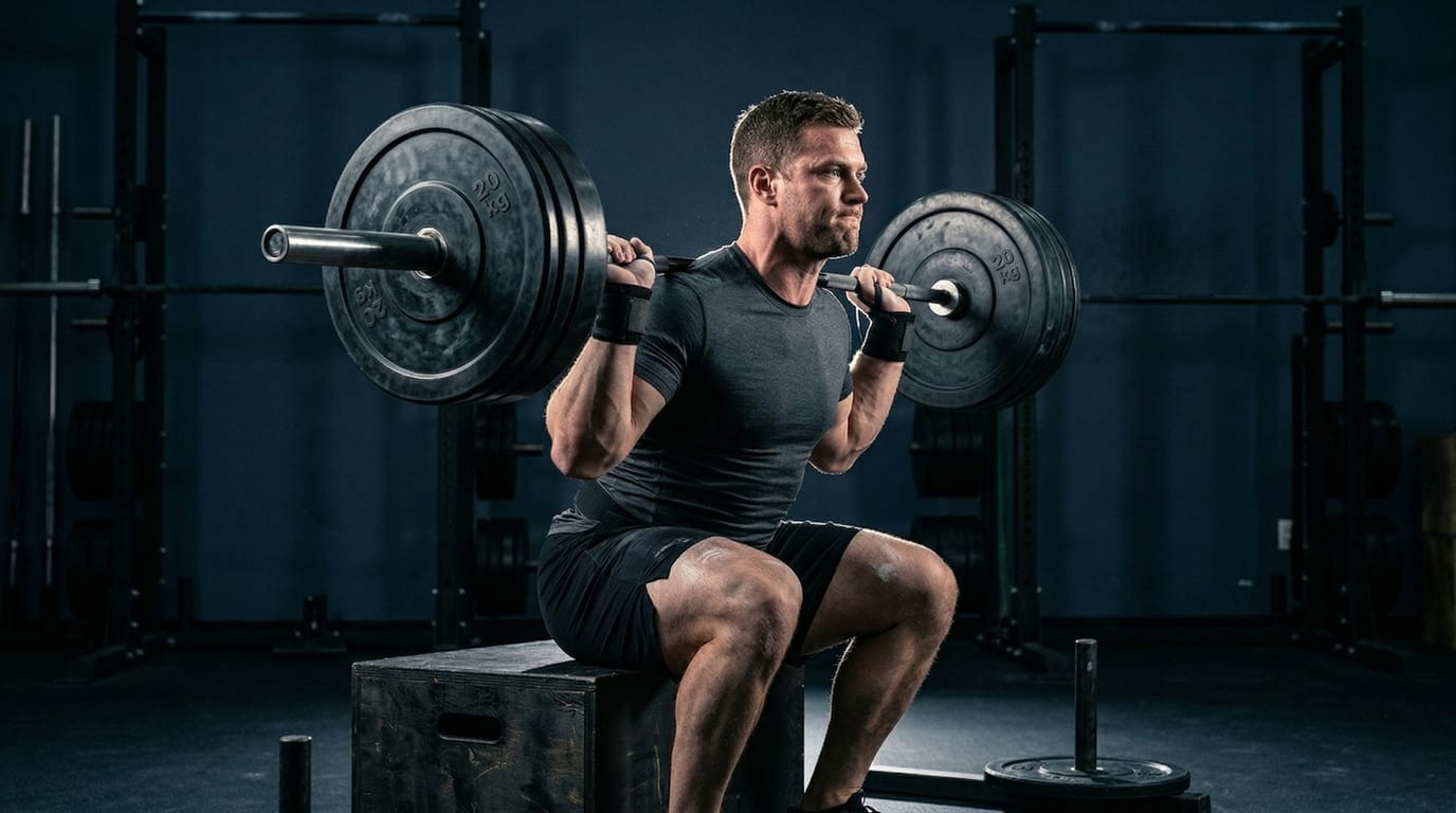 Chains draped over barbell and resistance bands on rack in dark industrial powerlifting gym — Elite Hybrid program
