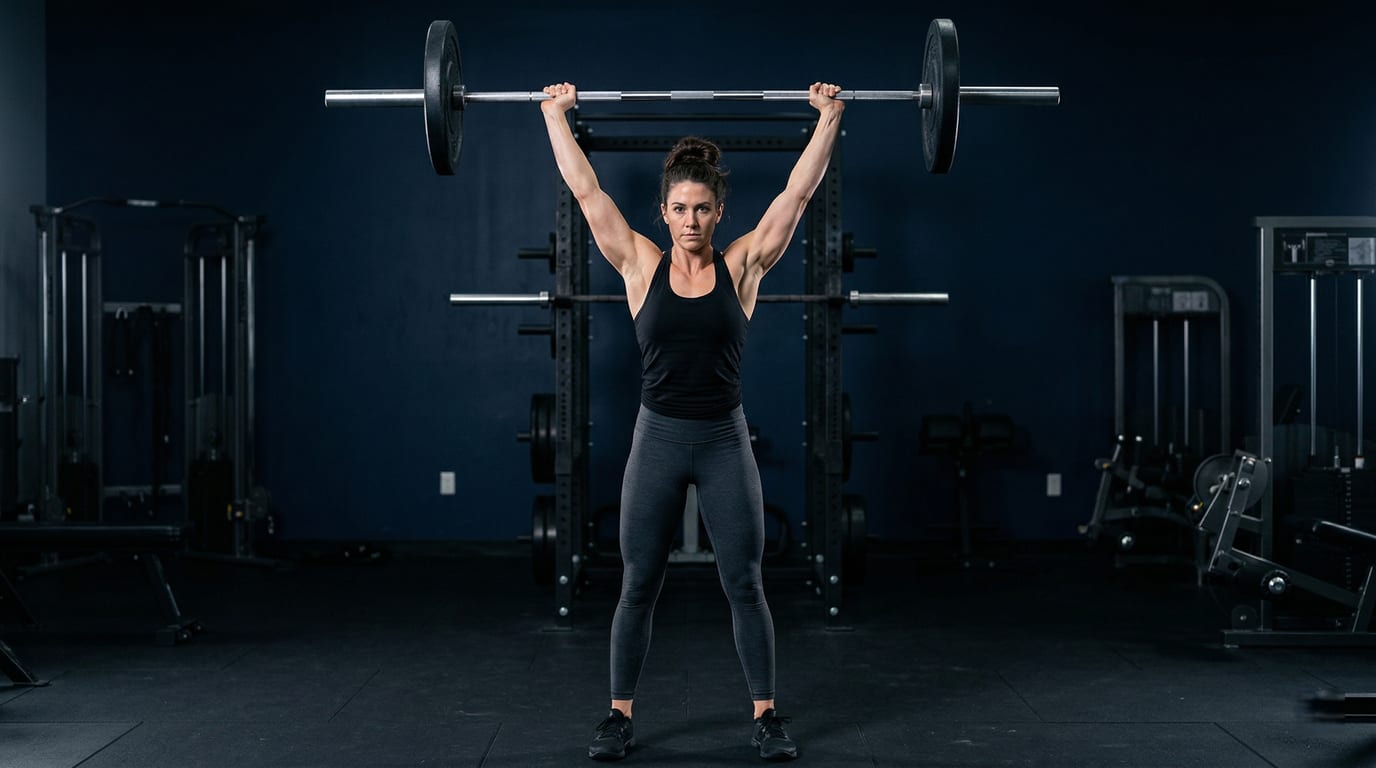 Woman performing barbell back squat in a gym — Full Body Strength for Women program