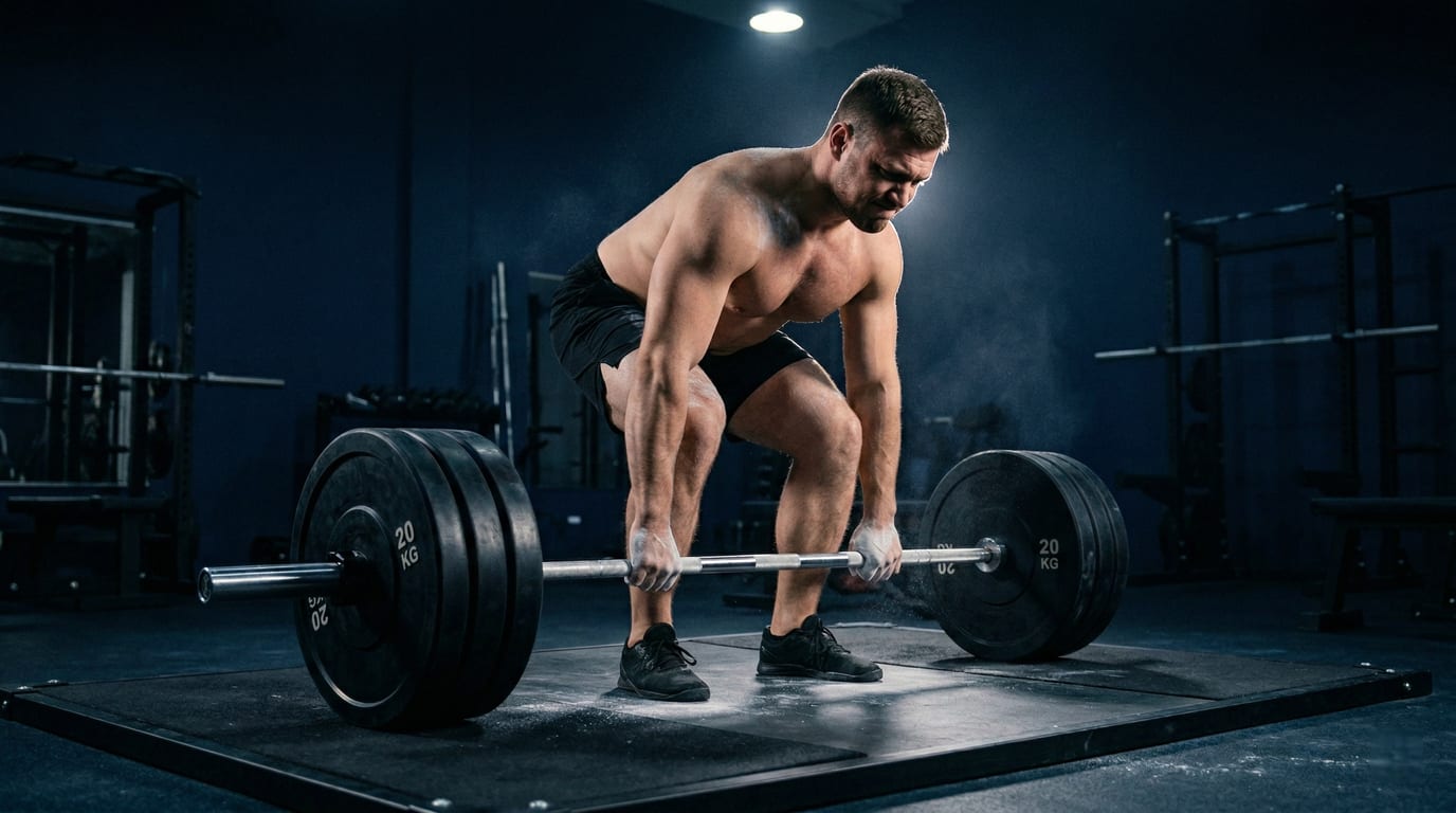 Person performing a heavy deadlift with chalk dust — Full Body Compound program