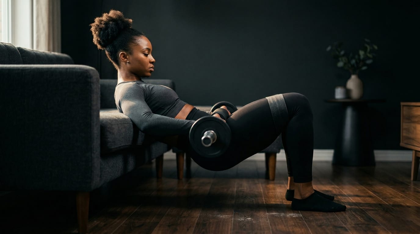 Woman performing glute bridge at home with resistance band — Home Glute Builder program