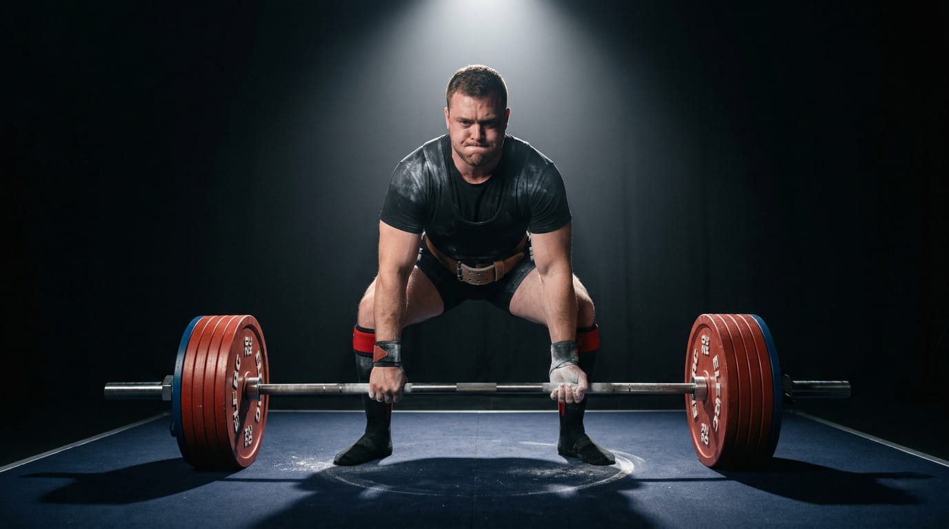 Competition platform with loaded barbell, chalk bucket, and athlete in singlet — Powerlifting Peaking program