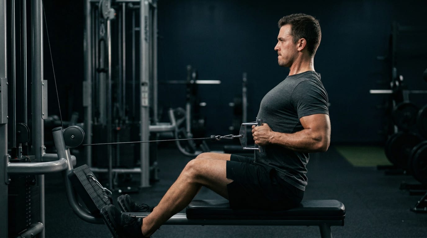 Three-panel composition showing Push bench press, Pull barbell row, and Legs squat in red, blue, and green — PPL 3-Day program
