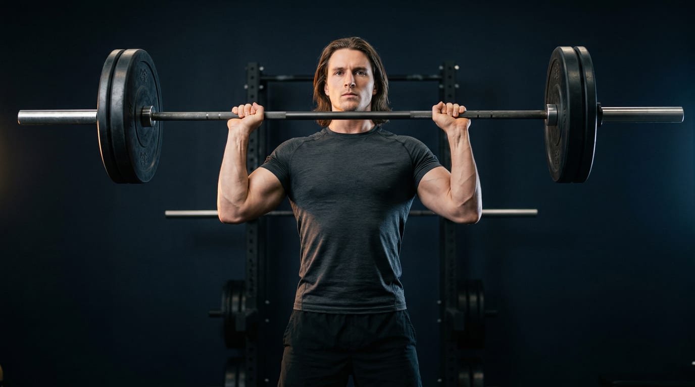 Heavy barbell on squat rack with chalk dust and dramatic lighting — Push Pull Legs 6-Day program