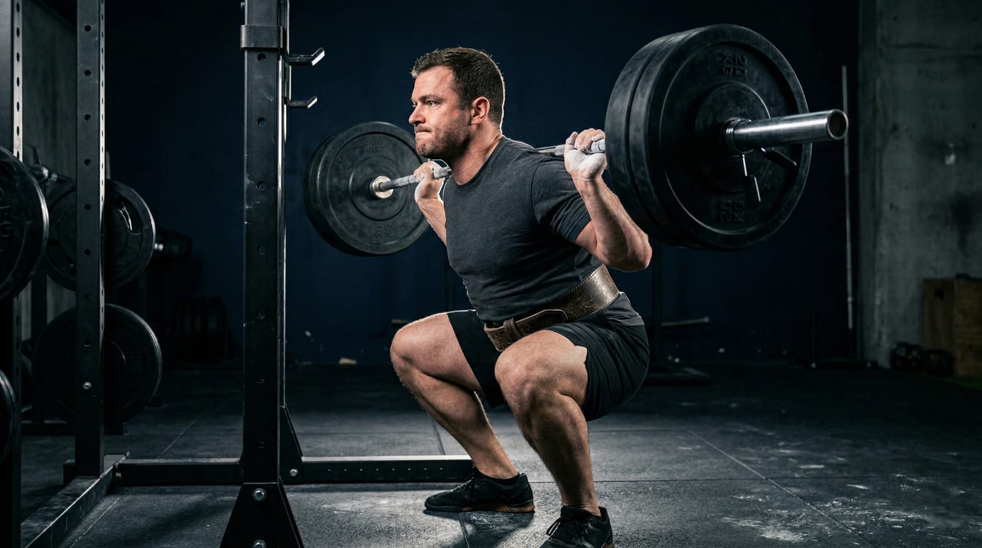 Close-up of chalked hands gripping a heavy barbell — Strength Foundation program
