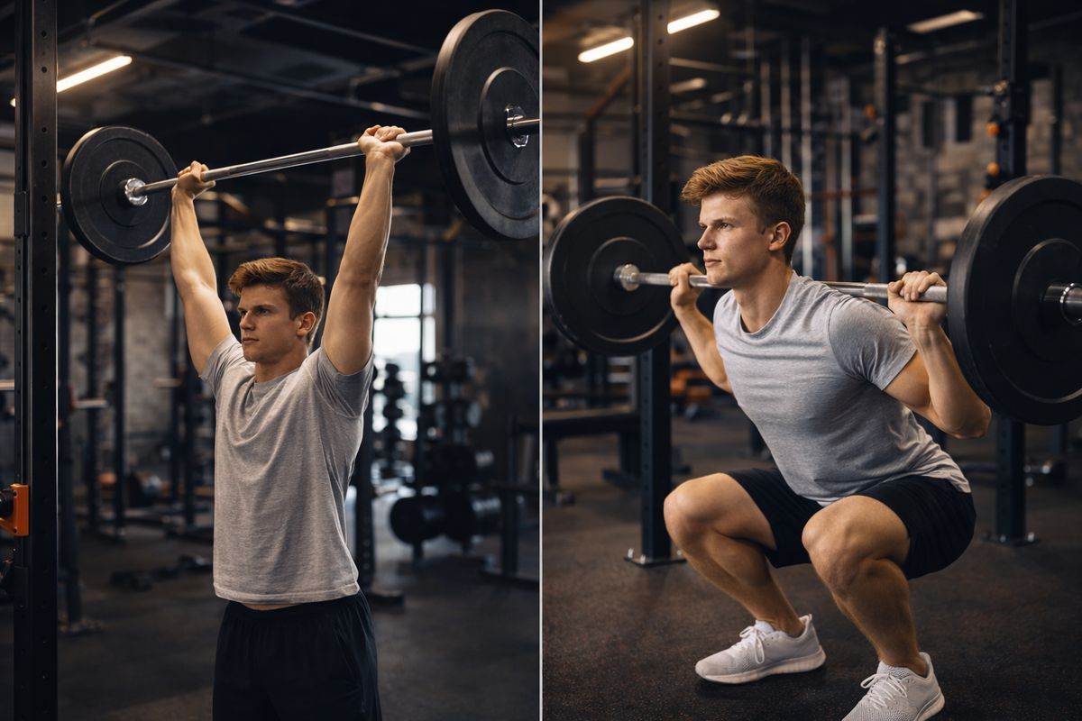 Split view showing overhead press and barbell squat — Upper-Lower Split program